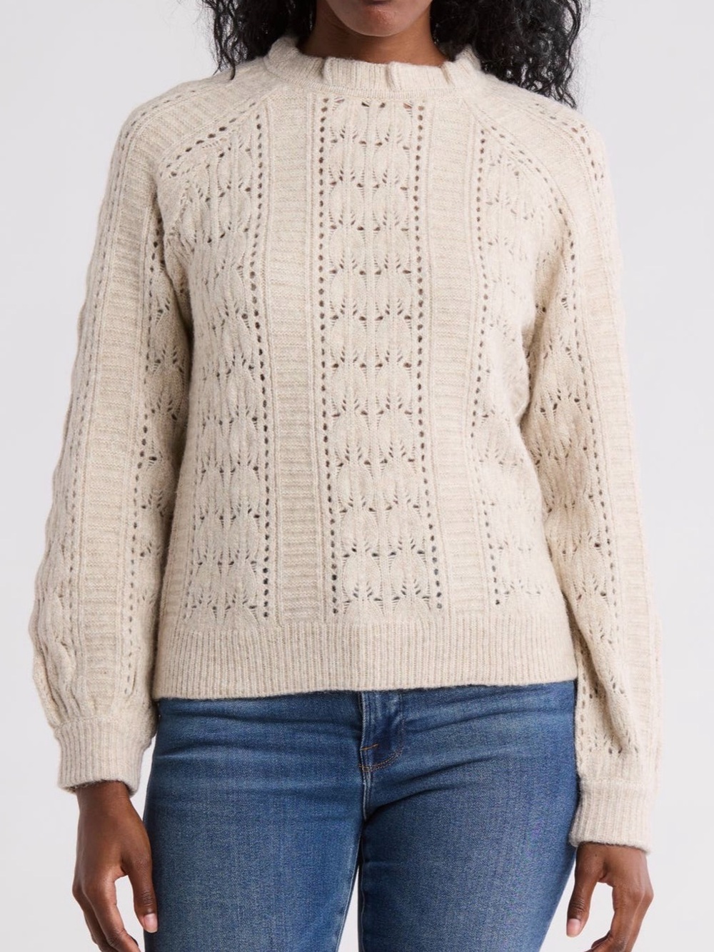 DEMOCRACY Mock Neck Pointelle Sweater in Heather Oatmeal Size L